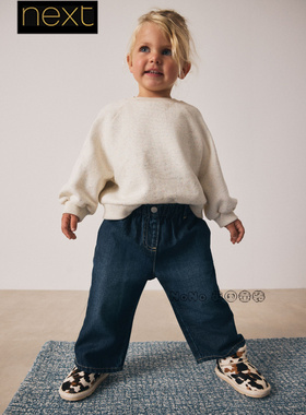 Next英国代购女童深蓝色牛仔长裤休闲纯棉花苞宽松1-7岁F69-034