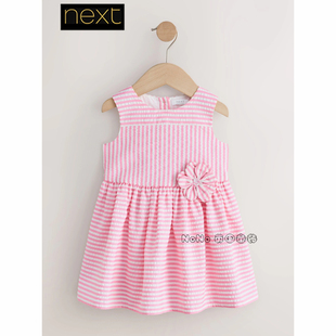 W89 8岁新款 746 英国Next女童浅粉色条纹立体花朵礼服连衣裙短袖