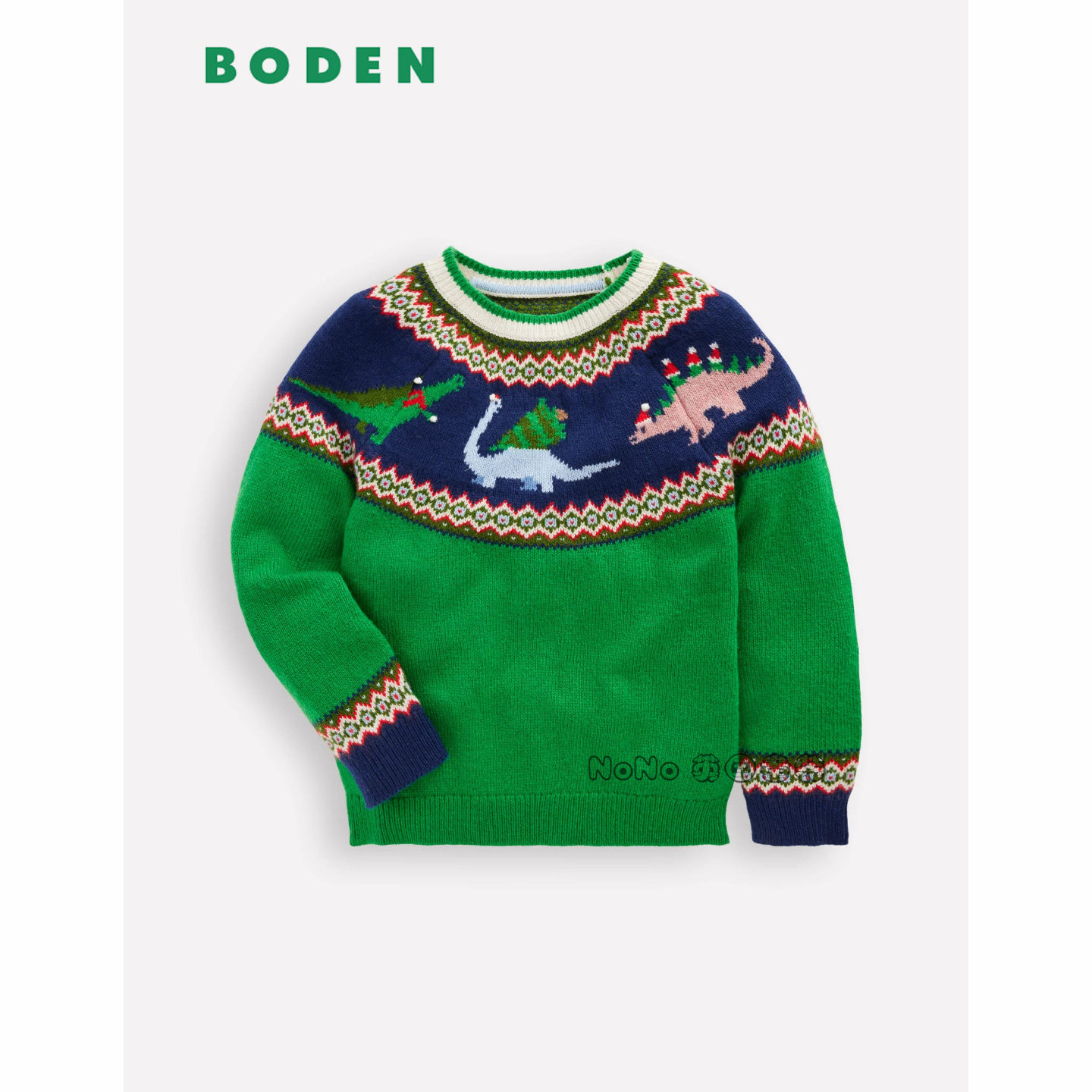 现货英国Mini BODEN男童绿色恐龙毛衣针织套衫羊毛费尔岛B3072