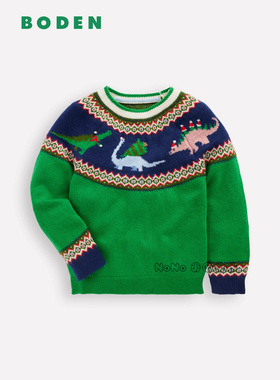 英国Mini BODEN男童绿色恐龙毛衣针织套衫羊毛费尔岛2-12岁B3072