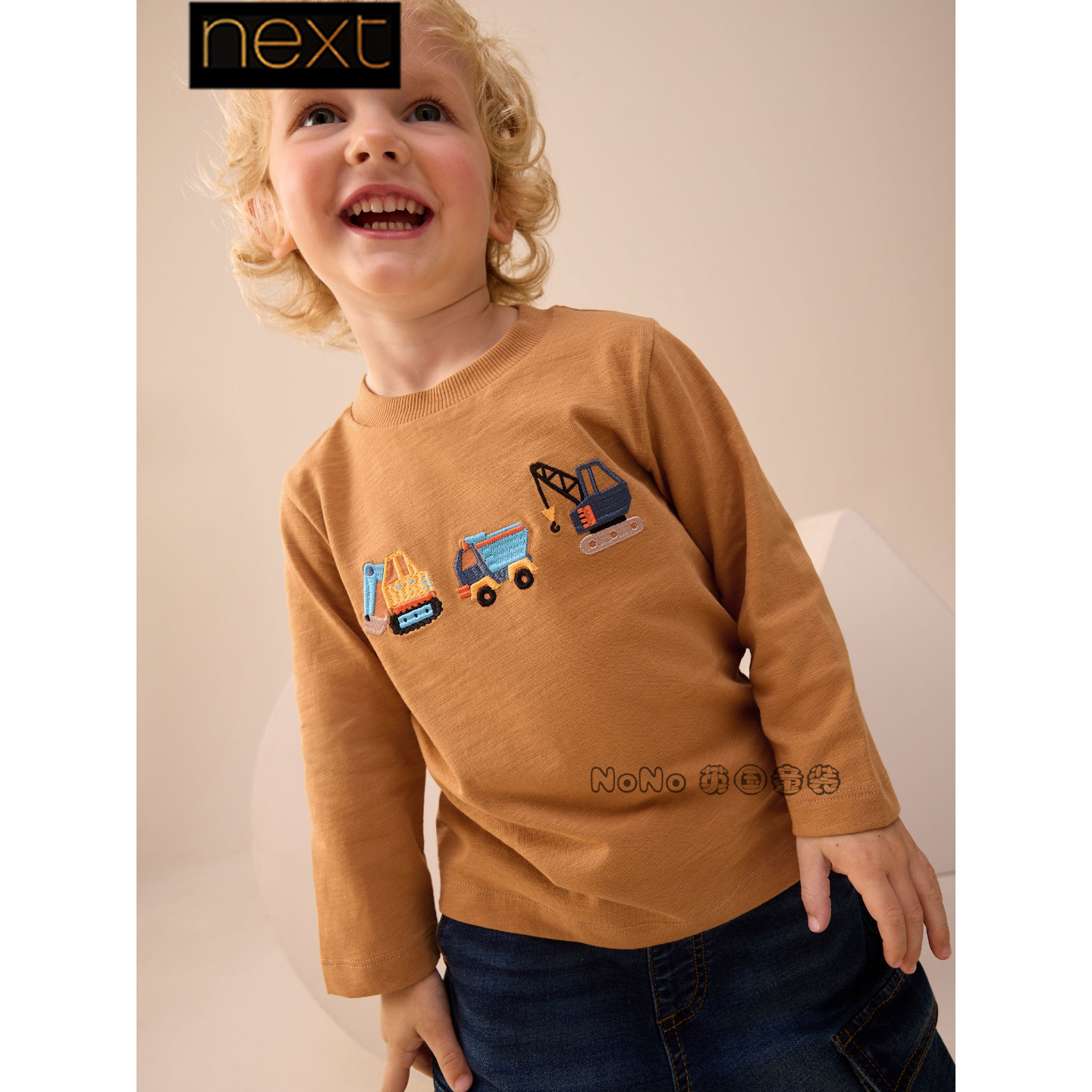 英国Next男童黄色挖掘机工程车刺绣纯棉长袖T恤衫1-7岁F86-549