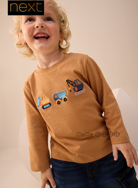 英国Next男童黄色挖掘机工程车刺绣纯棉长袖T恤衫1-7岁F86-549