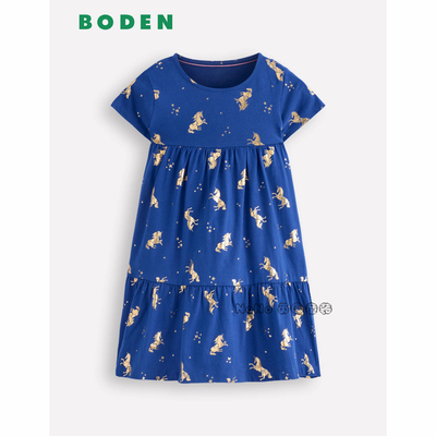 英国Mini Boden女童蓝色烫金独角兽全棉短袖连衣裙2-12岁G5406