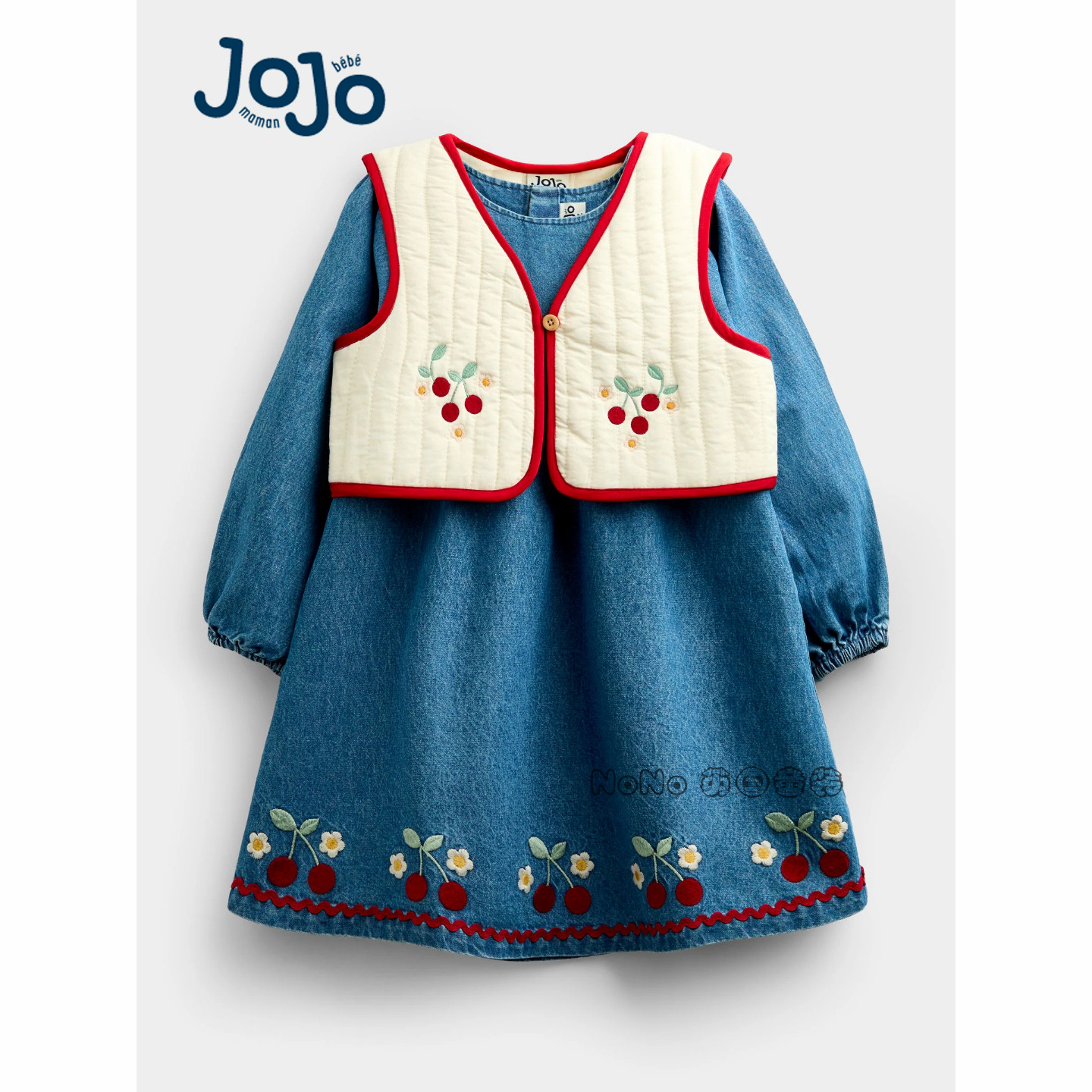 英国JOJO Maman Bebe女童樱桃马甲刺绣牛仔长袖连衣裙套装Y72-329