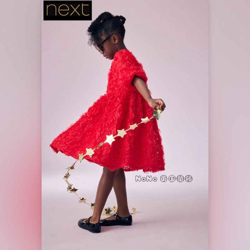 现货英国Next正品大童亲子红色3D立体花朵短袖连衣裙礼服B23-713
