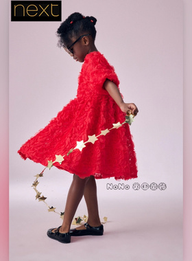 现货英国Next正品大童亲子红色3D立体花朵短袖连衣裙礼服B23-713