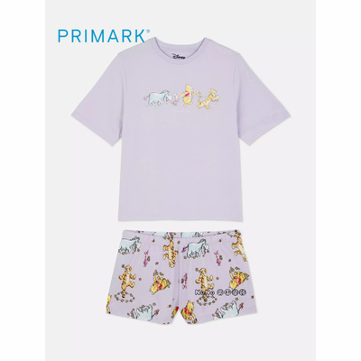 代购英国Primark女款成人大童紫色维尼熊虎短袖家居服睡衣裤纯棉