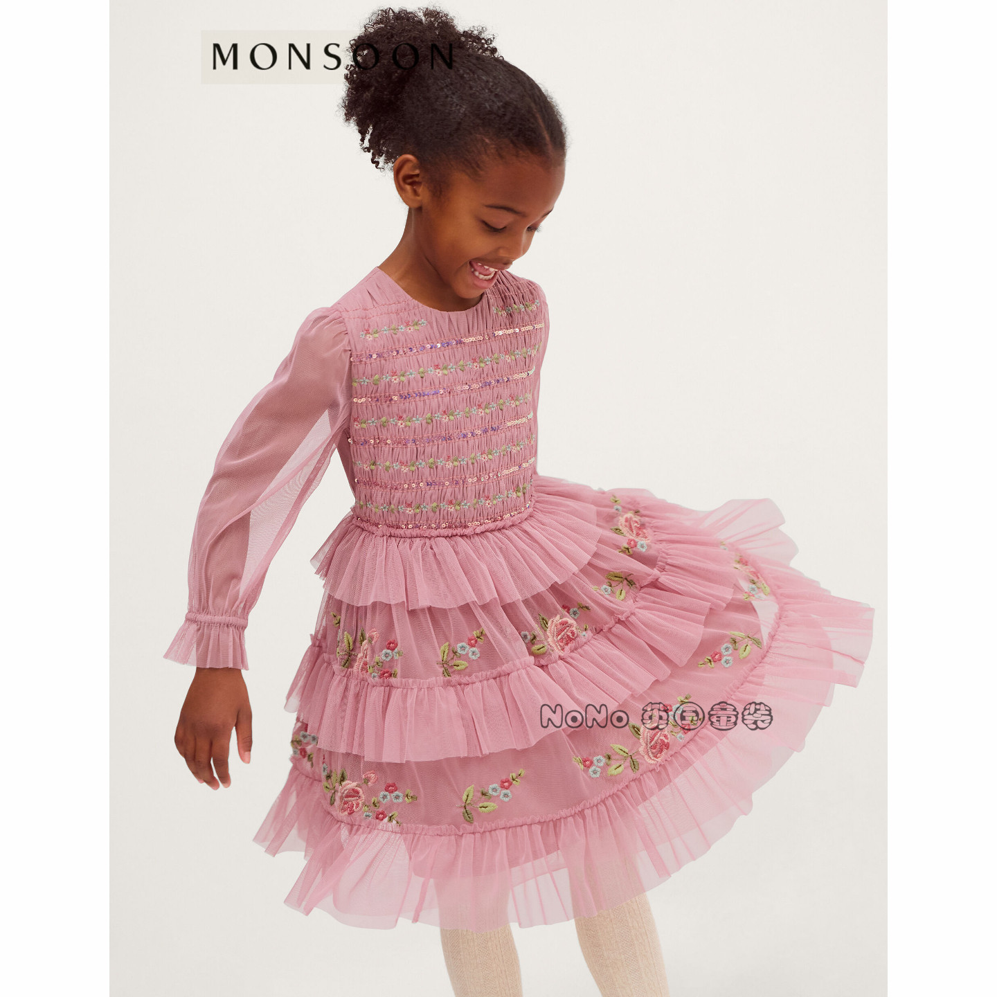 英国Monsoon女童粉色碎花重工刺绣长袖连衣裙礼服3-15岁新款57013
