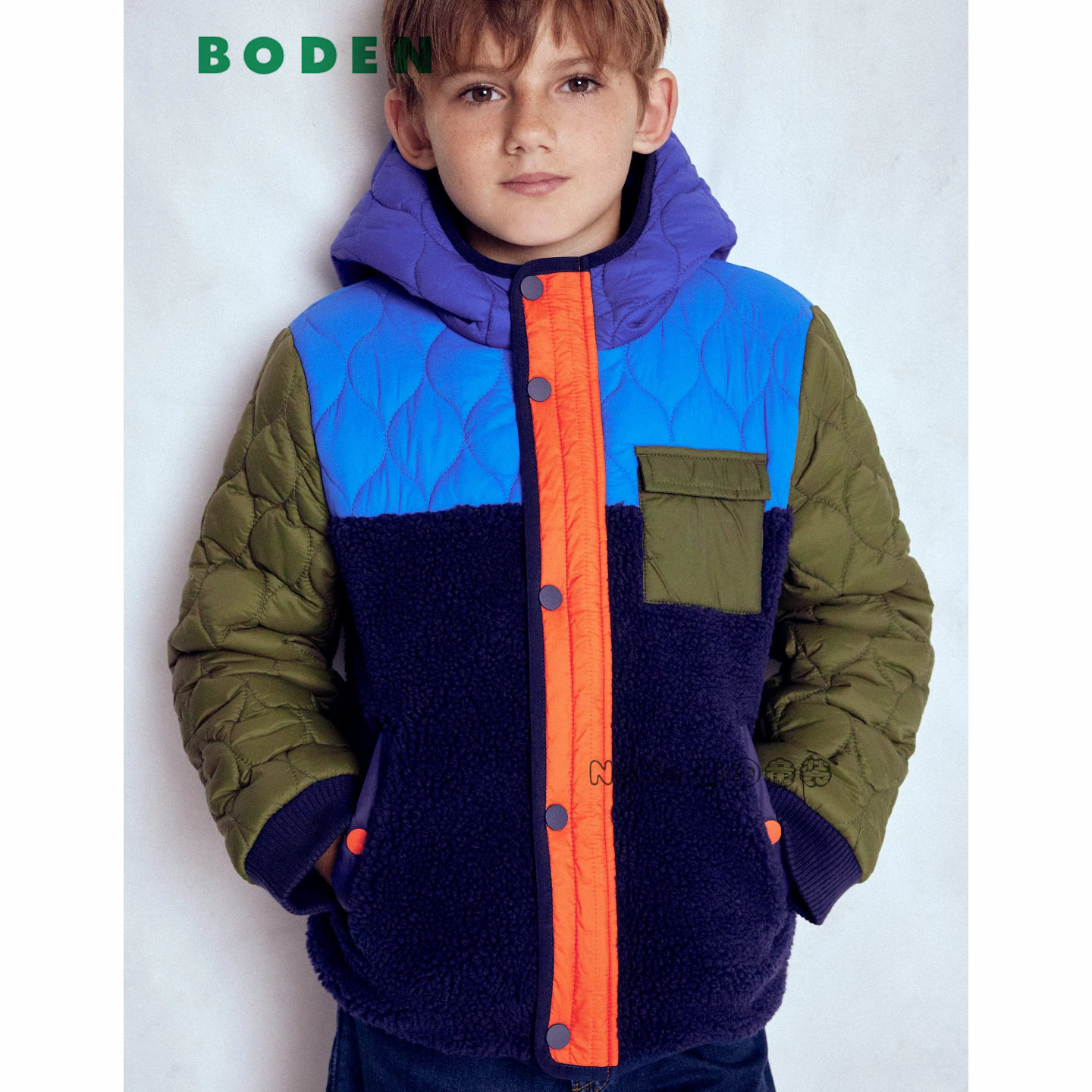 英国Mini BODEN男童蓝绿拼色外套棉服连帽棉衣加厚2-12岁B2941