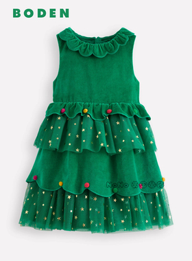 英国Mini Boden女童绿色圣诞星星刺绣礼服连衣裙波球2-10岁G5715