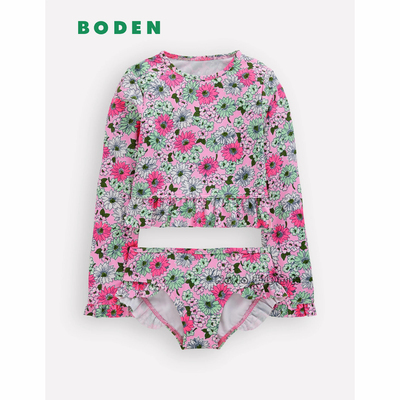 英国Mini Boden女童紫粉色碎花长袖泳衣裤套装分体沙滩防晒G5848
