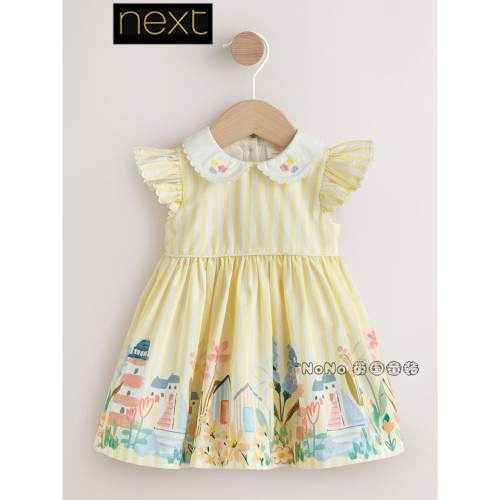 Next英国女婴儿童黄色翻领刺绣礼服短袖连衣裙全棉拍照H92-994
