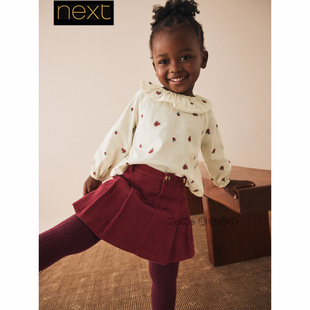 英国Next女童荷叶领刺绣花衬衫红色短裙裤连裤袜套装1-7岁F68-760