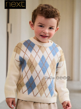 英国Next正品代购男童蓝白色菱形格英伦针织衫毛衣1-7岁F70-040