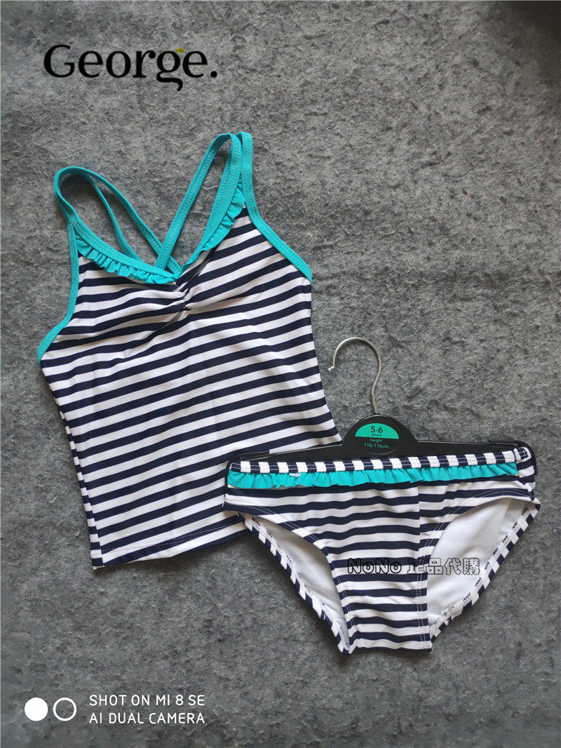 折扣国内现货英国George正品女童海蓝色条纹分体泳衣比基尼泳裤