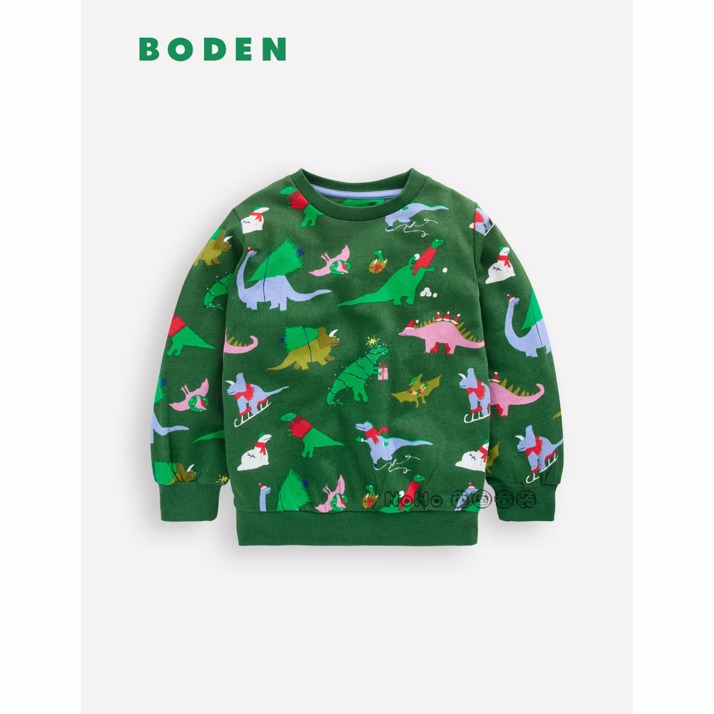 英国Mini Boden男童绿色圣诞恐龙卫衣运动衫套纯棉2-8岁圆领B3068