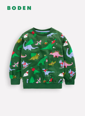 英国Mini Boden男童绿色圣诞恐龙卫衣运动衫套纯棉2-8岁圆领B3068