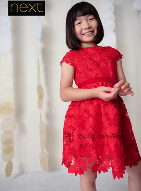 英国Next代购女大童亲子红色蕾丝短袖礼服连衣裙3-16岁W48-463
