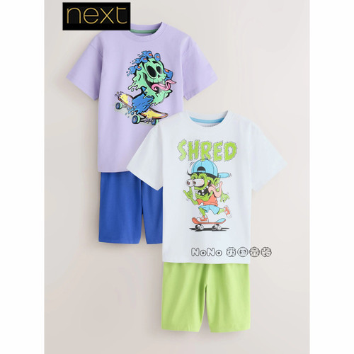 英国Next男大童蓝紫色怪兽滑板家居服短袖睡衣裤棉3-16岁H99-023