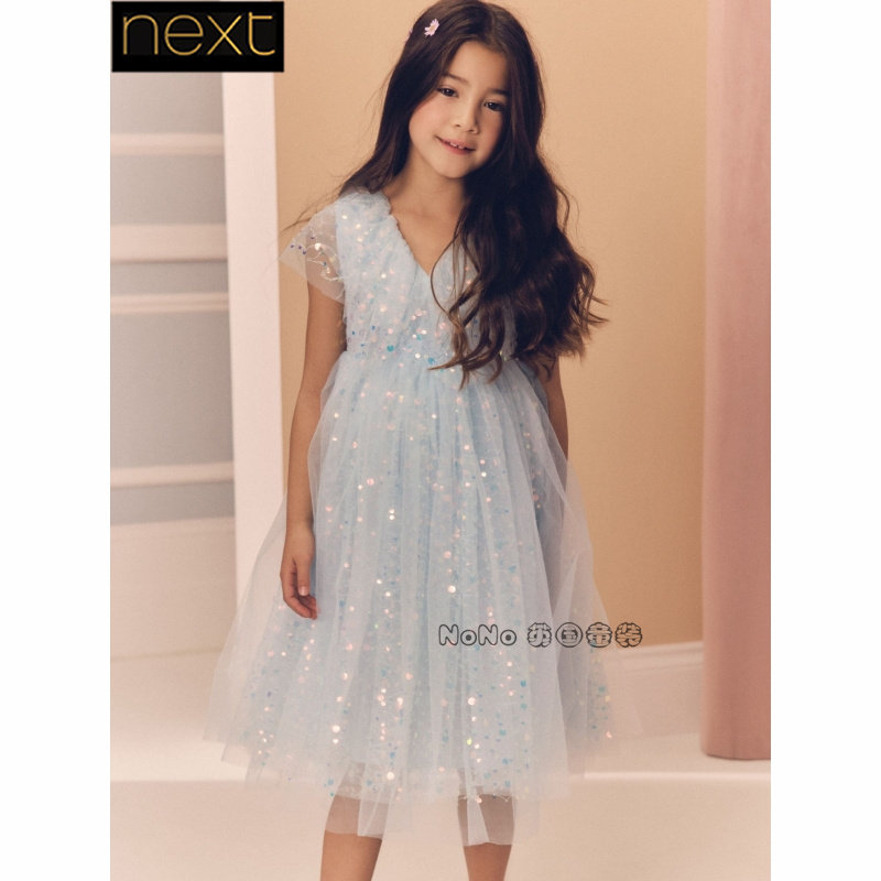 英国Next正品代购女中大童浅蓝色亮片连衣裙纯棉演出礼服AH5-146