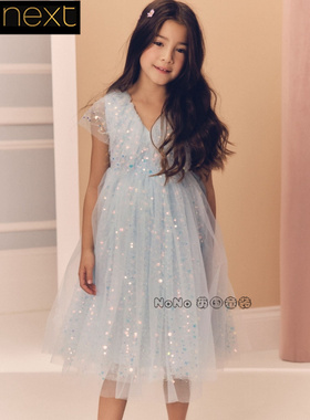 英国Next正品代购女中大童浅蓝色亮片连衣裙纯棉演出礼服AH5-146
