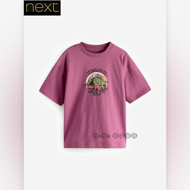 英国Next正品代购男大童亲子玫粉色恐龙纯棉短袖T恤运动衫E45-689