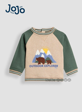 英国JoJo Maman Bebe男童小熊刺绣绿色插肩袖运动卫衣纯棉F96-780