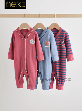 英国Next女婴新生儿红蓝色小熊条纹连体睡衣长爬睡袋纯棉F35-920