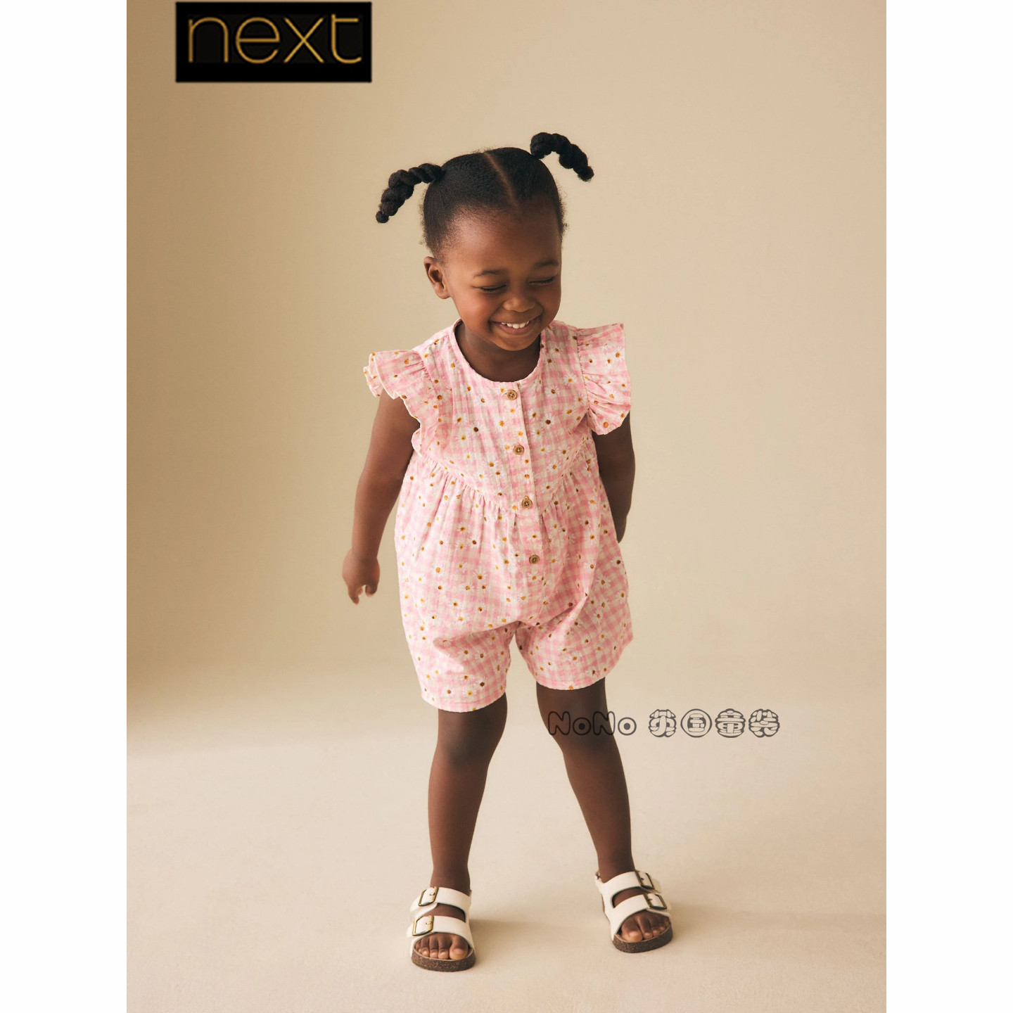 Next英国代购女童粉色格子花朵桃连身裤体裤连身衣全棉W58-273