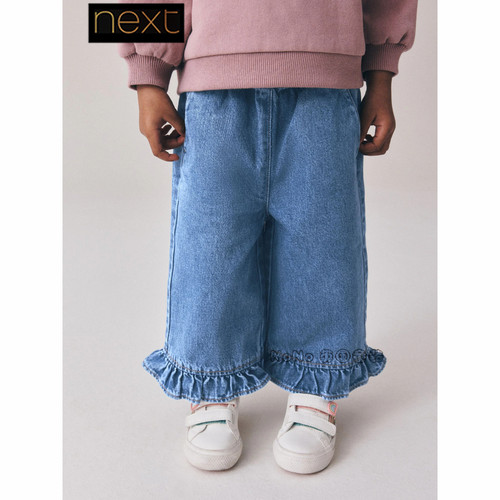 Next英国代购女童蓝色牛仔全棉荷叶边休闲长裤1-7岁新款G67-428