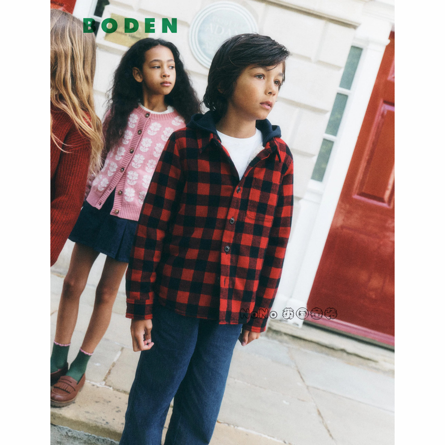 代购英国Mini BODEN男童红色格子衬衫式外套全棉连帽2-14岁B3313