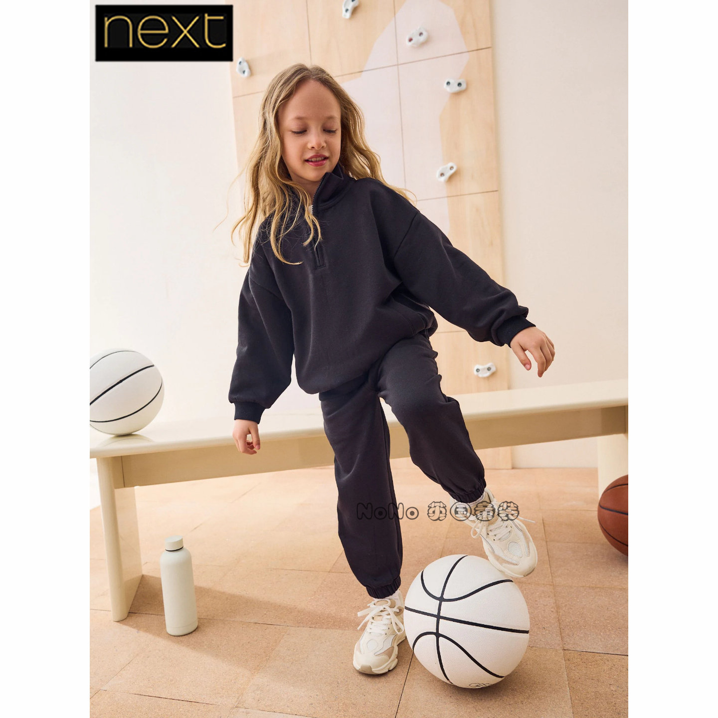 英国Next正品代购女大童亲子黑色半拉链卫衣卫裤运动套装AW4-877