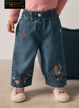 Next英国代购女童蓝色牛仔长裤休闲纯棉老鼠刺猬刺绣1-7岁F69-032