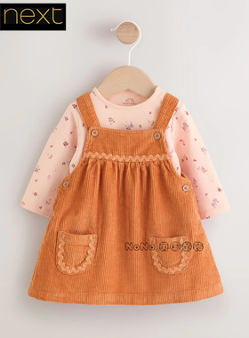Next英国正品女婴童橙色小碎花灯芯绒连衣裙长袖包屁衣AN7-933