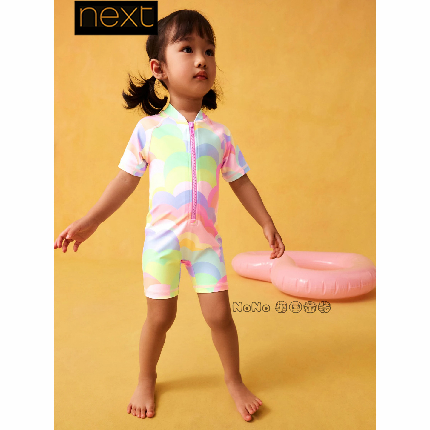 英国Next正品代购女童彩色波浪条纹连体泳衣拉链短袖套头F66-545