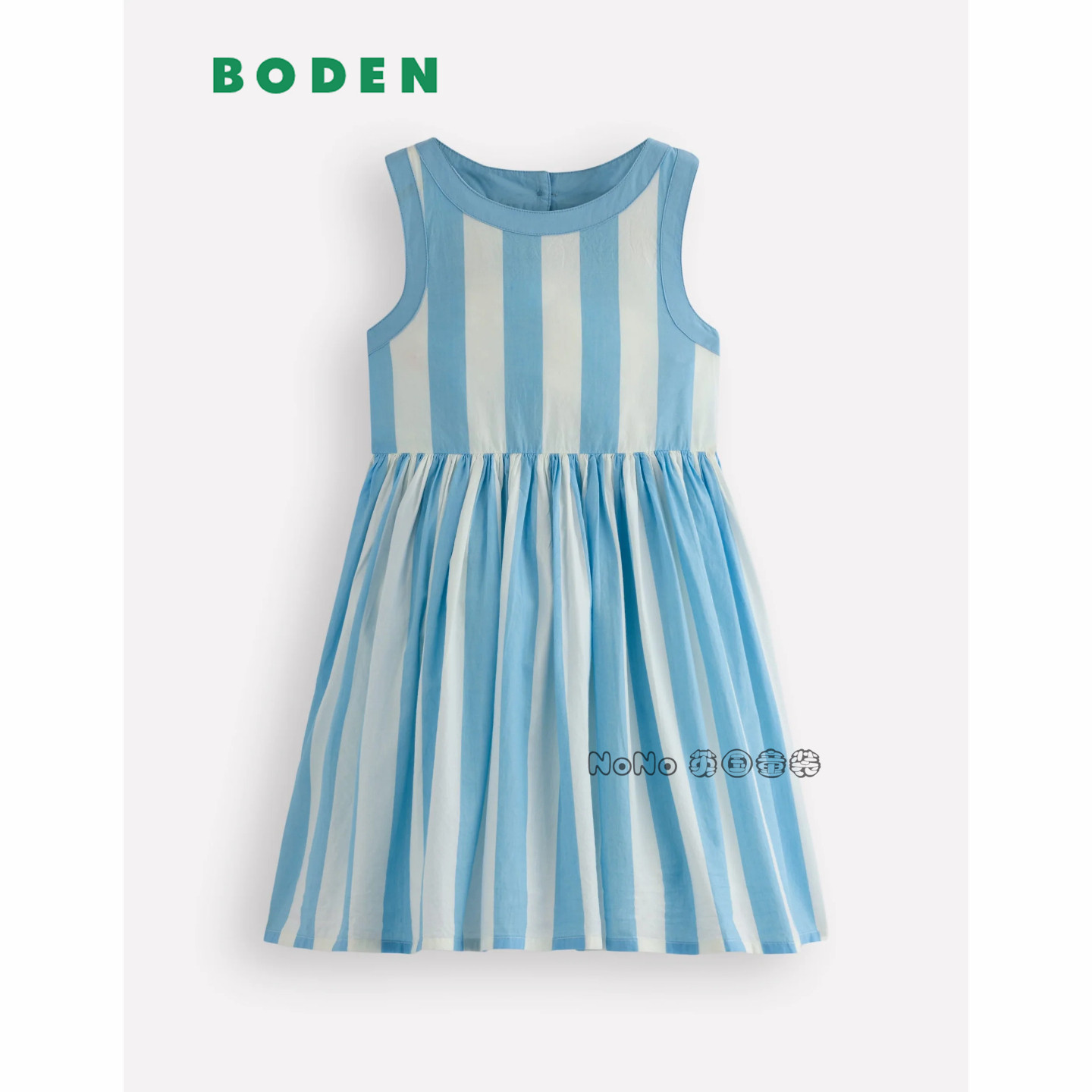 英国Mini Boden女童蓝色条纹樱桃刺绣连衣裙全棉2-12岁新款G6008