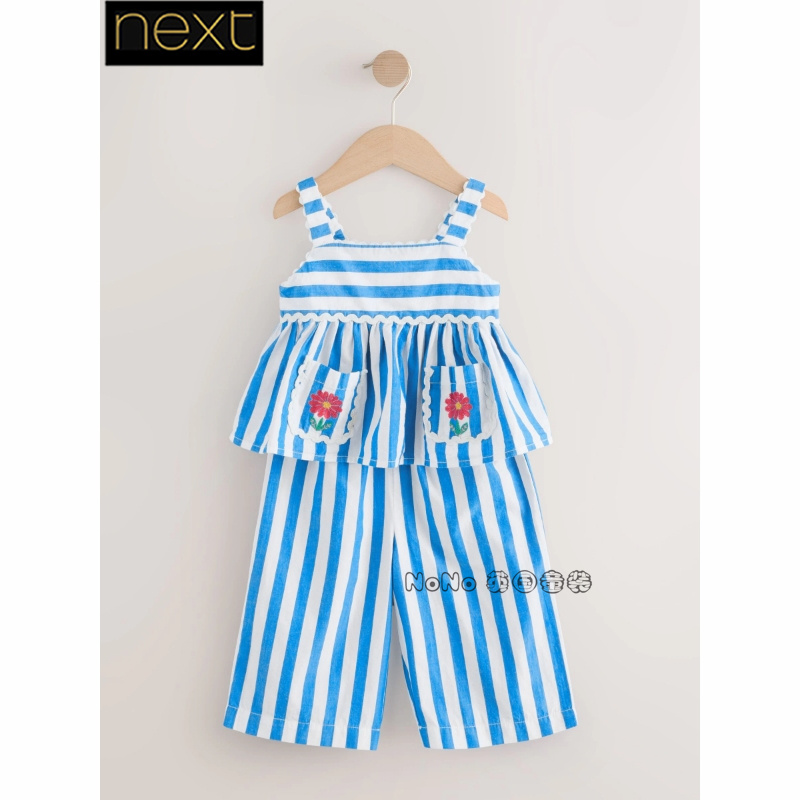 英国Next正品代购女童蓝白色条纹刺绣吊带T恤衫长裤棉套装AC9-254