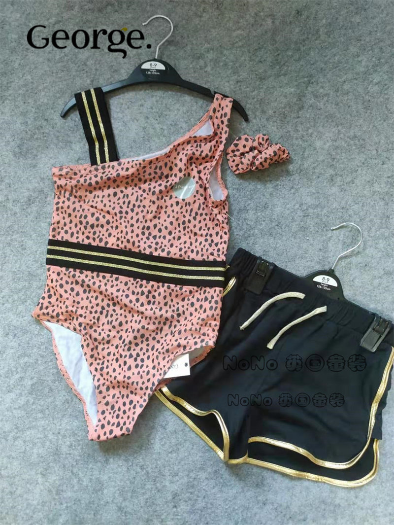 现货英国乔治George女童大童豹纹防晒连体泳衣沙滩裤发饰套装