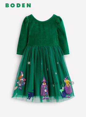 英国Mini Boden女童绿色丝绒魔法扫把连衣裙网纱刺绣G5580-GRN