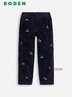 英国Mini Boden男童灯芯绒蓝色挖掘机刺绣长裤休闲直筒纯棉B2793