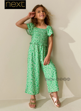 英国Next正品代购女大童绿色碎花打揽连身裤体裤弹力H57-488