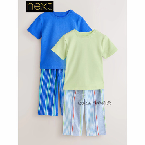 英国Next男中大童蓝绿色条纹家居服短袖睡衣裤全棉1-12岁Y05-730
