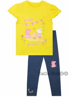 现货英国Next正品女童黄色小猪佩奇T恤打底裤轻薄纯棉套装N69-169