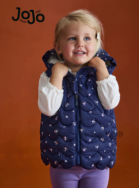 代购英国JoJo Maman Bebe女童深蓝色碎花马甲棉服外套连帽F31-490
