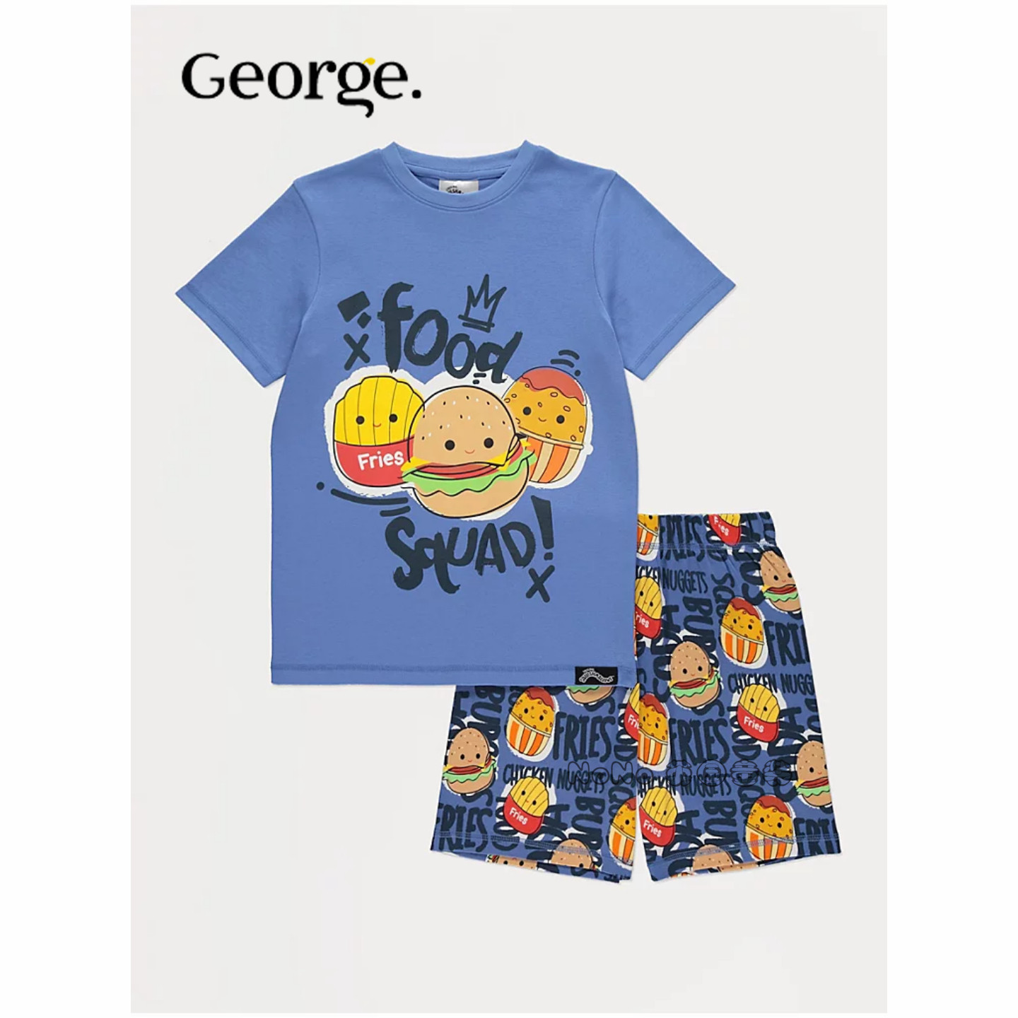英国乔治George男大童蓝色薯条汉堡短袖家居服睡衣裤纯棉1409657