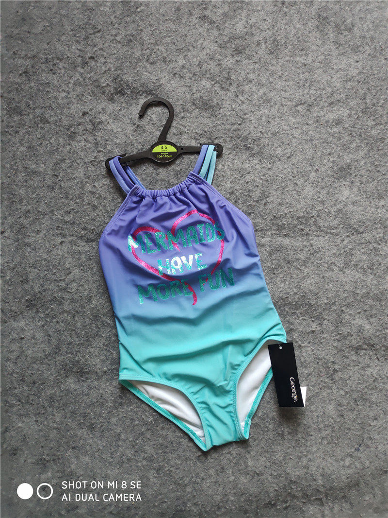 国内现货英国正品George乔治女童蓝绿色连体泳衣爱心UPF50+