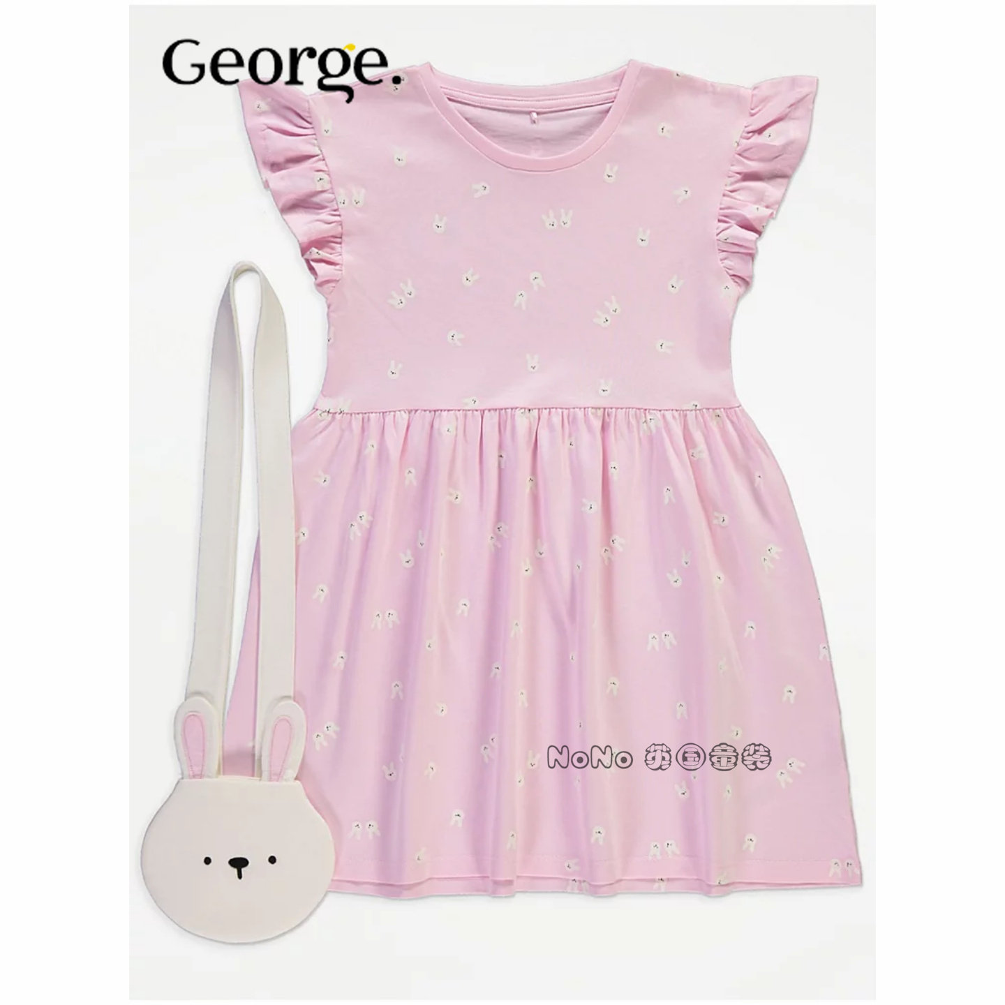 现货英国乔治George正品女童粉色小兔子短袖连衣裙斜挎包套装纯棉