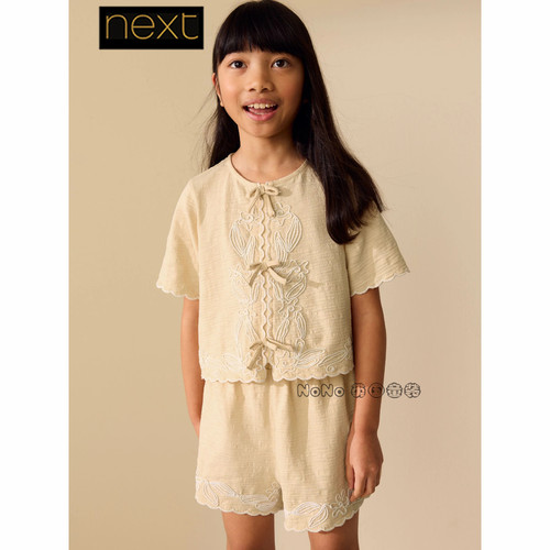英国Next正品女大童黄色刺绣衬衫T恤短裤套装全棉3-16岁Y13-605