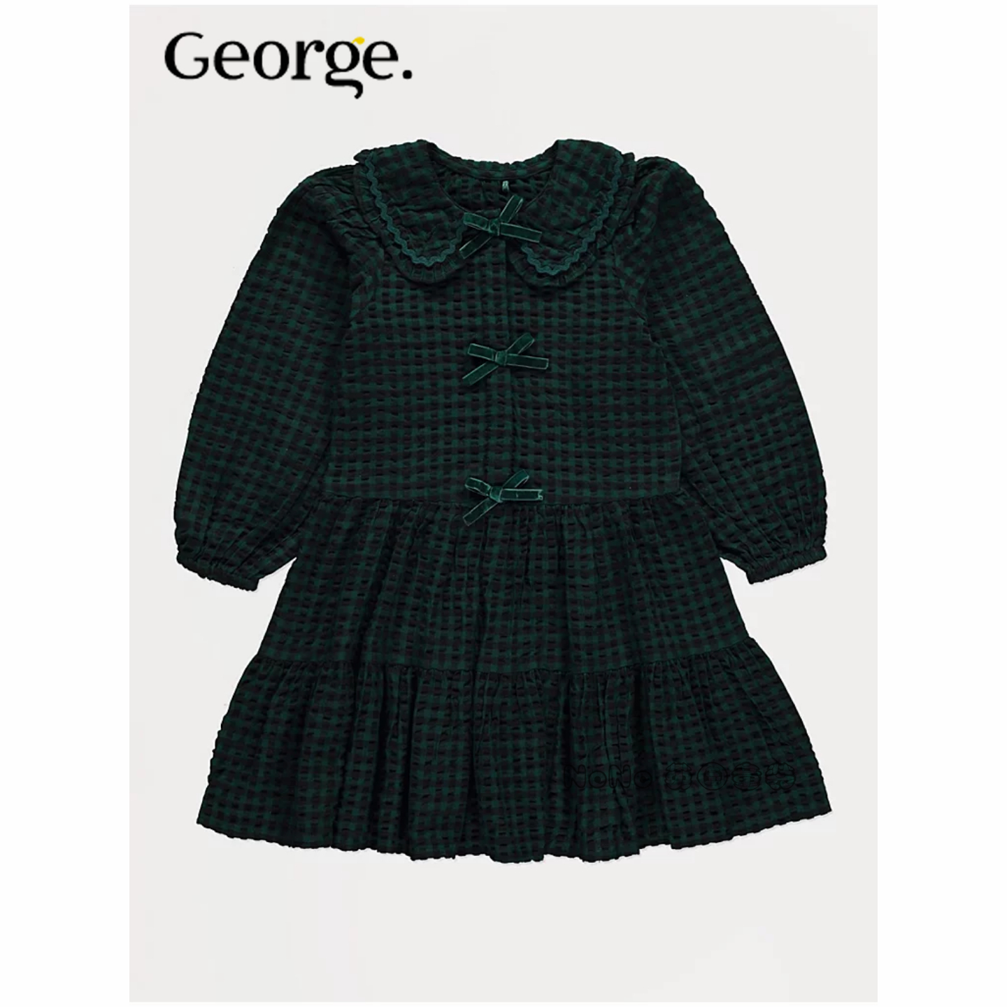 英国乔治George女大童绿色格子娃娃翻领蝴蝶结长袖连衣裙1335665