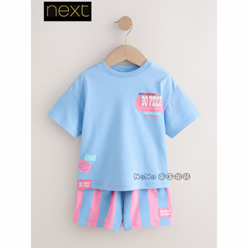 英国Next女童粉蓝色玩具总动员宝T恤短裤全棉套装1-7岁G42-087